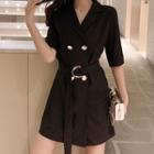 Elbow-sleeve Double-breasted Mini A-line Blazer Dress