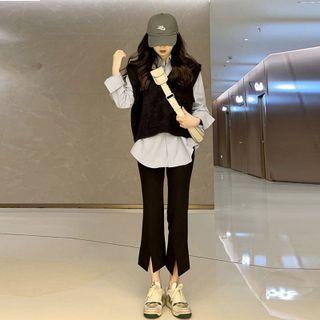 V-neck Knit Vest / Long Sleeve Shirt / Slit Boot-cut Pants / Set Of 3