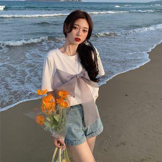 Short-sleeve Bow Mesh T-shirt