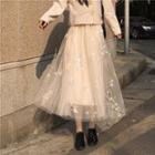 Star Sequin Midi A-line Mesh Skirt Almond - One Size