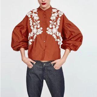 Floral Embroidered Long-sleeved Open-front Top