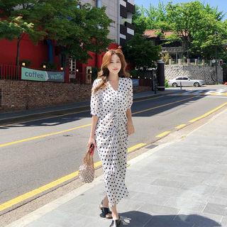 Drawstring-front Polka-dot Maxi Dress White - One Size