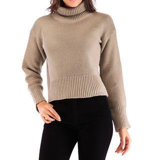 Long-sleeve Mock-neck Ribbed Knit Cropped Sweater