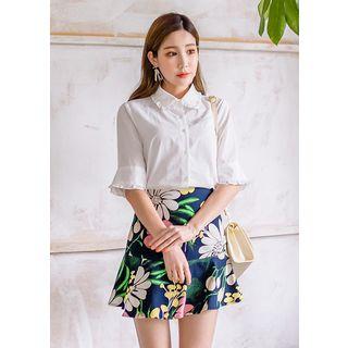 Elbow-sleeve Frill-trim Shirt