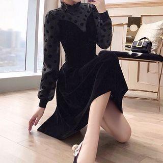 Dotted Sheer Long-sleeve A-line Dress