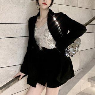 Set: Double Breasted Blazer + Spaghetti Strap Top + Mini Skirt