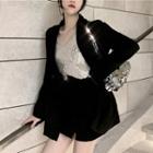 Set: Double Breasted Blazer + Spaghetti Strap Top + Mini Skirt