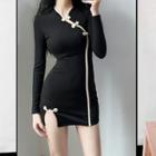 Frog-button Long-sleeve Mini Sheath Dress