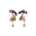 Fashion And Elegant Plated Gold Enamel Flower And Green Leaf Earrings With Imitation Pearls Golden - One Size
