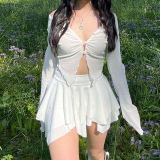 Long-sleeve V-neck Crop Top / Mini Skirt