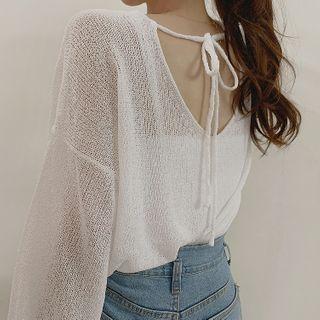 Long-sleeve Tie-back Sheer Knit Top