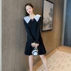 Long-sleeve Collar Mini A-line Dress Black - One Size