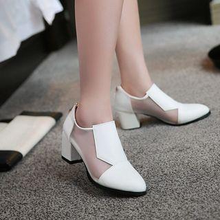 Mesh Panel Chunky Heel Pointy Pumps