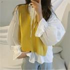 Plain Loose-fit Knit Vest / Plain Long-sleeve Loose-fit Blouse