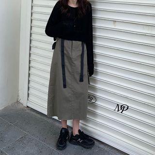 Long-sleeve Plain T-shirt / Belted Midi Skirt