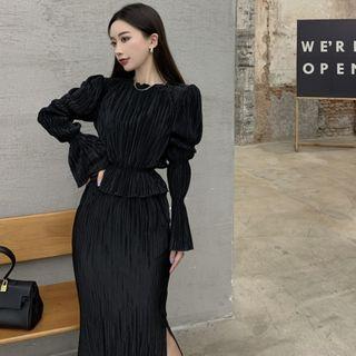 Plain Pleated Long-sleeve Blouse / High Waist Split A-line Skirt