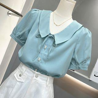 Tie-neck Blouse / High Waist Wide Leg Shorts