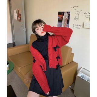 V-neck Bow Ribbed Knit Cardigan Red - One Size