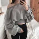 One-shoulder Balloon-sleeve Cropped Pullover Gray - One Size