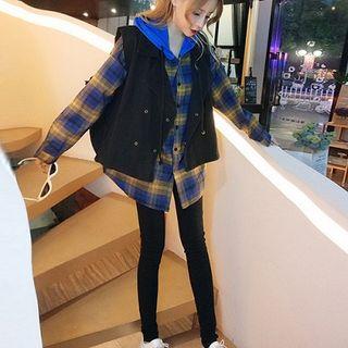 Hooded Plaid Shirt / Denim Vest