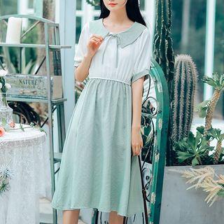Short-sleeve Color Block Checker A-line Midi Dress