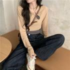 Long-sleeve Plain Cut-out Cropped Top