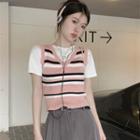V-neck Striped Knit Vest + High-waist Pleated Midi Skirt
