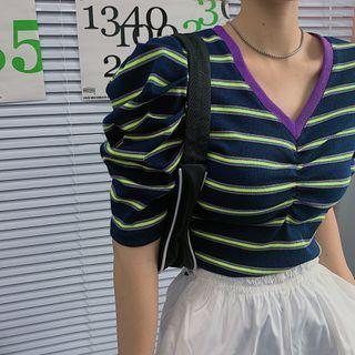 Short-sleeve V-neck Striped Slim-fit Top