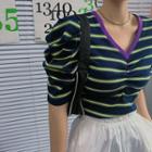 Short-sleeve V-neck Striped Slim-fit Top