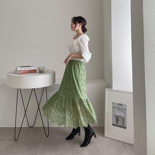 Ruffle-hem Lace A-line Long Skirt