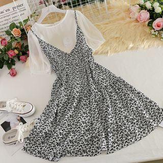 Set : Short-sleeve Top + Floral Sleeveless Dress