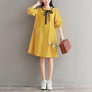 Long-sleeve Frilled-trim Bow-accent Dress
