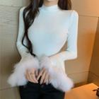 Fluffy Trim Knit Top White - One Size