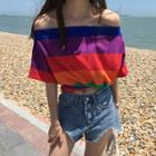 Rainbow Striped Off-shoulder T-shirt As Shown In Figure - One Size