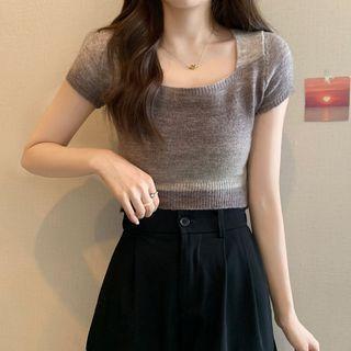 Short-sleeve Square-neck Tie-dyed Crop Knit Top