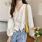 V-neck Drawstring Blouse Beige - One Size