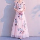 Elbow-sleeve Flower Embroidered Sheath Evening Gown