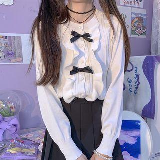 Frill Trim Ribbon Bow Accent Knit Sweater