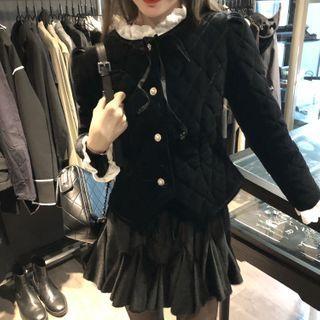 Long-sleeve Plaid Lace-trim Tie-neck Top / Velvet Mini Skirt