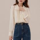 Collar Lace Trim Pintuck Blouse