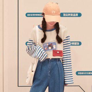 Printed Striped Panel Long-sleeve T-shirt