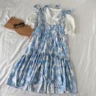 Short-sleeve Blouse / Spaghetti Strap Print Dress / Set