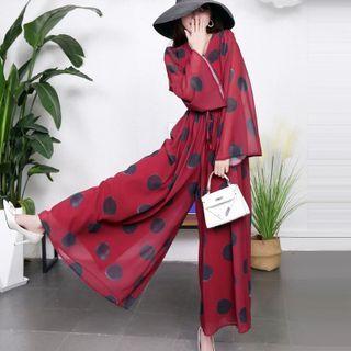 Long-sleeve Dotted Wide Leg Jumpsuit
