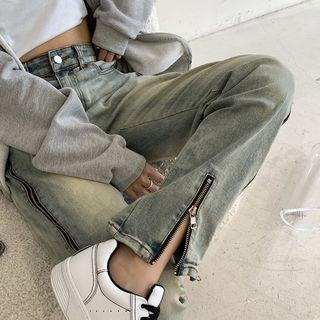 Low Rise Zip Hem Straight Leg Jeans
