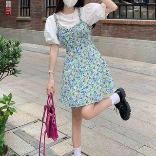 Puff-sleeve Top / Floral Print Mini A-line Overall Dress
