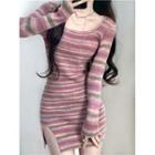 Long-sleeve Striped Knit Bodycon Dress Stripes - Pink - One Size