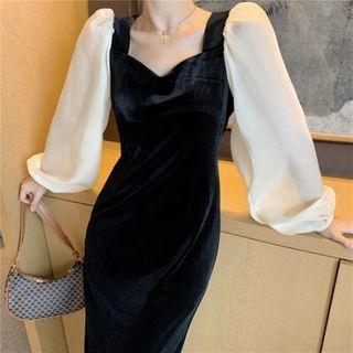 Balloon-sleeve Slit Midi A-line Dress