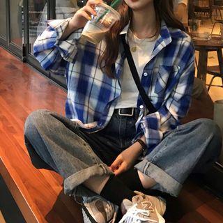 Long Sleeve Plaid Boyfriend Shirt Blue - One Size