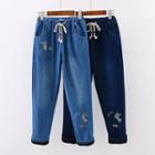 Cat Embroidered Fleece-lined Slim-fit Jeans