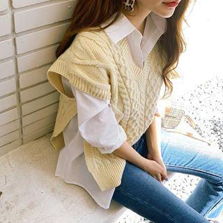 Set: Deep-slit Cable-knit Vest + Shirt